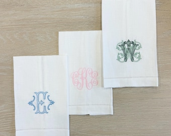 Monogrammed Linen Hand Towel: Custom Embroidered Hemstitch Decor