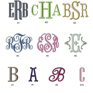 Peut inclure: Une collection de dix styles de polices de broderie num&eacute;rot&eacute;s de 1 &agrave; 10. L'image pr&eacute;sente divers mod&egrave;les de monogrammes, incluant des lettres b&acirc;ton, des &eacute;critures cursives et des polices &agrave; empattement d&eacute;coratives en bleu, vert, or, rose et violet.