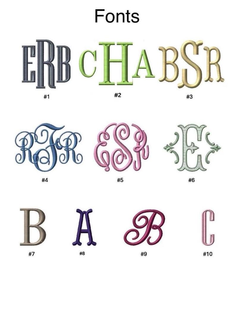 Peut inclure: Une collection de dix styles de polices de broderie num&eacute;rot&eacute;s de 1 &agrave; 10. L'image pr&eacute;sente divers mod&egrave;les de monogrammes, incluant des lettres b&acirc;ton, des &eacute;critures cursives et des polices &agrave; empattement d&eacute;coratives en bleu, vert, or, rose et violet.