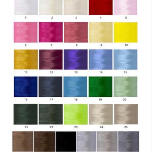 Peut inclure: Un nuancier pr&eacute;sentant trente et une nuances de fil &agrave; coudre num&eacute;rot&eacute;es. La grille affiche une grande vari&eacute;t&eacute; de couleurs, notamment le blanc, la cr&egrave;me, le rouge, le rose, le jaune, l'or, le violet, le bleu, le vert, l'olive, le beige, le brun, le noir et diverses nuances de gris.