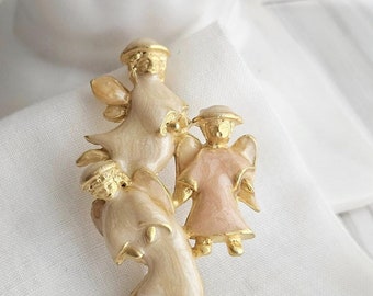 3 Angels brooch, Gift for Mom, flying angel trio, ivory pink, men lapel pins, Vtg 80s(?), halo wings, matte goldtone metl, enamel/poss resin