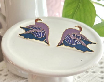 Laurel Burch earrings, Swan cloisonné, 70s Vtg signed, goldtone metal enamel bird, studs, post, pierced ears, Multicolor, SF artist, flying