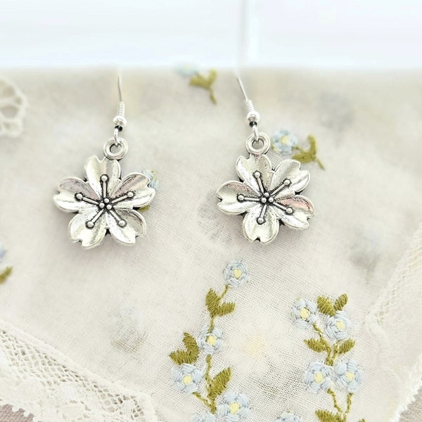 Flower earrings, Plum / Cherry Blossom?, Mothers Day, Floral jewelry, Dangle Pierced ears, gift for, NEW, simple, antique'd silvertone metal