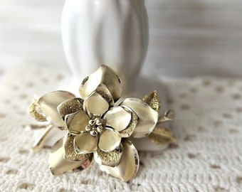 Flower brooch, Goldtone Coro, large pins, Grandmother Gifts, Vtg collectible, lapel pin, Womens jewelry, brushed shiny leaves stem petals