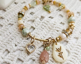 Memory wire bracelet, sage green, pink/peach, goldtone ivory, Czech glass faceted crystal metal, bead dangle charm, gift, NEW, READ Descrptn