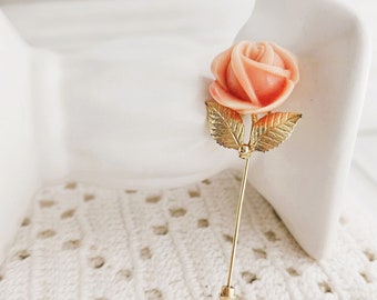 Stick pins, Grandmother gift, goldtone single rose, Vtg metal pin, Mens lapel, resin acrylic flower jewelry, coral peach ombre swirl, brooch