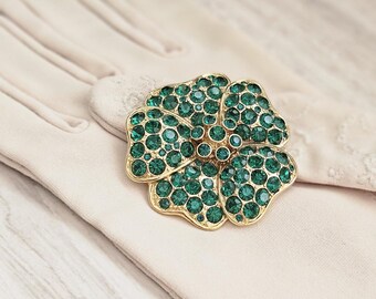 Monet Flower Brooch, Triple GPlt'd Green Crystal Rhinestone, 5 petals, Jewelry gift, Mens lapel pin, Grandmother gifts, Vintage accessories