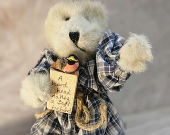 Boyd's bear, Archive Series, Vtg 90-94 Collector, Teacher Gift, End of School, stuffed plush jointed teddy, blue plaid dress book bird Robin