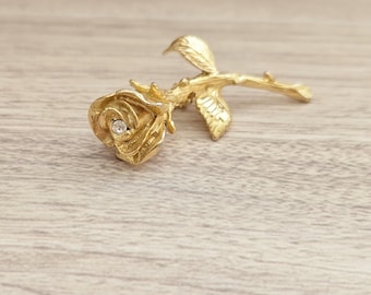 Rose pin, Flower brooch, Grandma gift, signed DM David Monn jewelry, single stem, goldtone leaves, glass crystal, Vtg lapel pins brooches