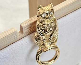 Cat brooch, Vtg 90s Avon jewelry, lapel pin, Mom Grandma gift, Kitty kitten, Glass crystal eyes, Longhair, eyeglass holder loop?, bow collar