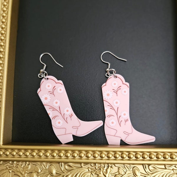 Cowgirl boots, Pink earrings, Texas, Cowgirls, Boot scoot, Rodeo Barrel racing, flowers vines, pierced ears, ltweight dangles, country music