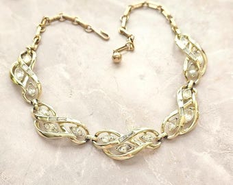 Coro goldtone choker necklace, baguette & marquise crystals, Mob wife style, Mothers Day jewelry, Vtg designer, infinity large links, MIL