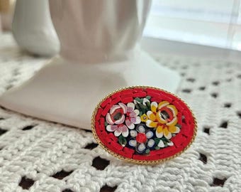 Micro Mosaic, Italy, Italian pin, goldtone brooch, Vintage brooches, red colorful, glass ceramic enamel, yellow green, flower jewelry, gifts