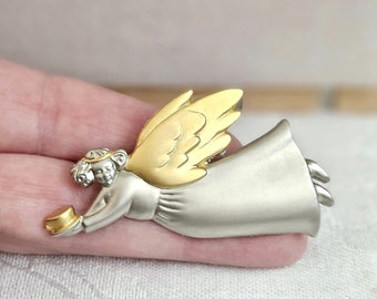 Hallmark brooch, Flying angel pin, Coffee lover gifts, tea teacup, Womens lapel pins, goldtone cup halo wings, silvertone matte satin, lady