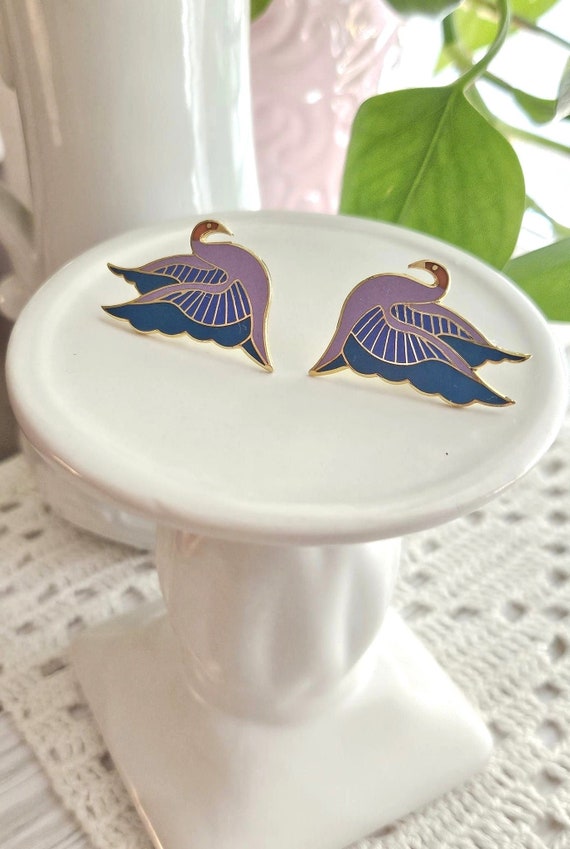 Laurel Burch earrings, Swan cloisonné, 70s Vtg sig