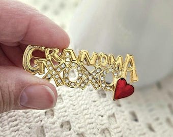 Grandma brooch, New Grandmother, Mother in law pin, xoxo enamel heart, rhinestone brooches, lapel pins, goldtone glass crystal, Grand kids