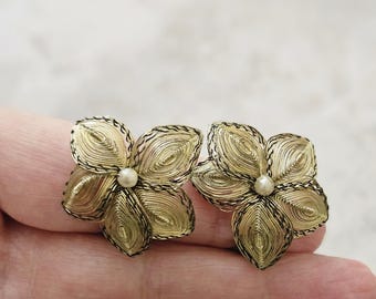 W Germany earrings, signed clip on, Flower jewelry, Vtg '50s MCM, antique'd goldtone bronze tone metal spun wire filigree pearl, Lightweight
