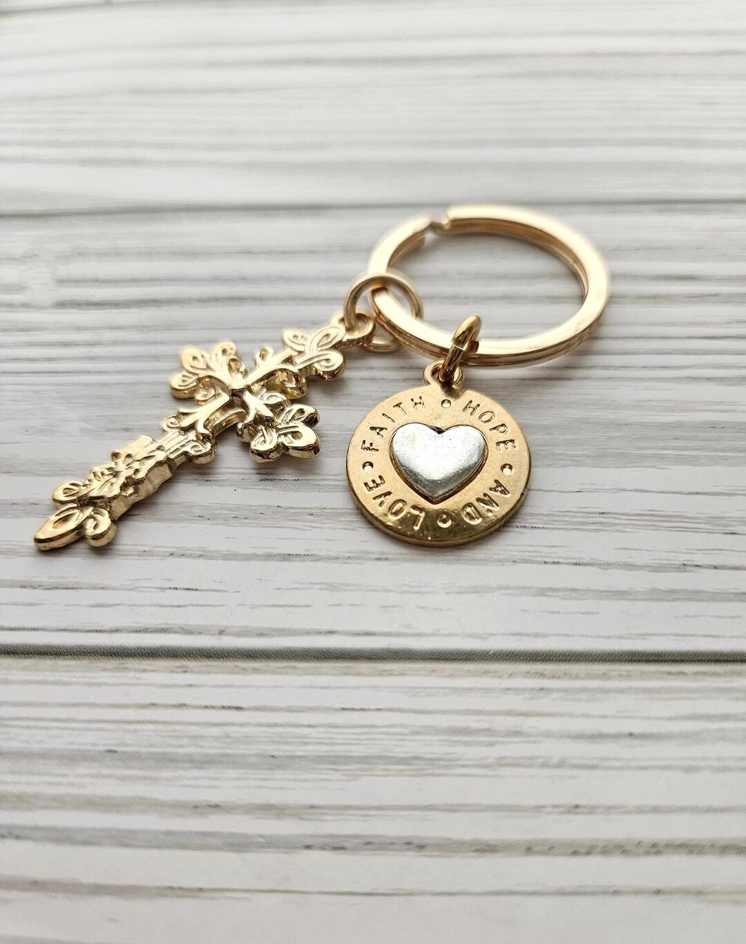 Ornate Cross Keychain, Faith Hope Love Charm, Baptism Gift, Religious ...