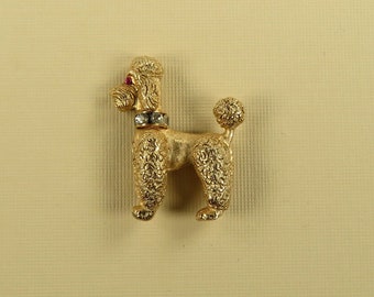 Napier Beautiful Poodle Brooch Signed Articulated Head Red and Clear Rhinestones Gold-Tone Pin Vintage