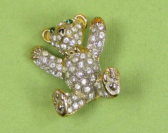 Vintage Rhinestone Teddy Bear Brooch Green Eyes Unsigned Padded Feet Gold Tone