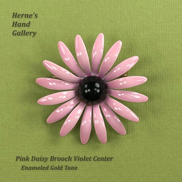 Showy Pink Daisy Brooch Deep Violet Glass Center Gold Tone Stamped Metal Vintage