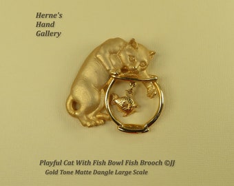 Playful Cat With Fish Bowl Fish Brooch Signed ©JJ Gold Tone Matte Dangle Large Scale