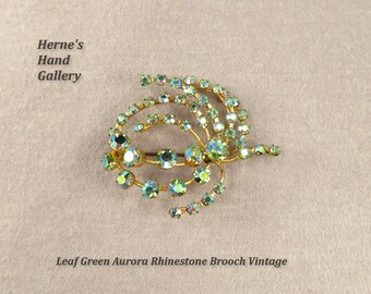Vintage Aurora Rhinestone Leaf Brooch Avant Garde Blossom Green Blue Gold Tone