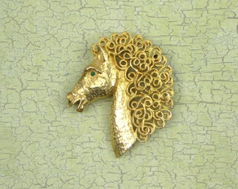 Vintage Jeanne Horse Head Brooch Gold Tone Detailed Rhinestone