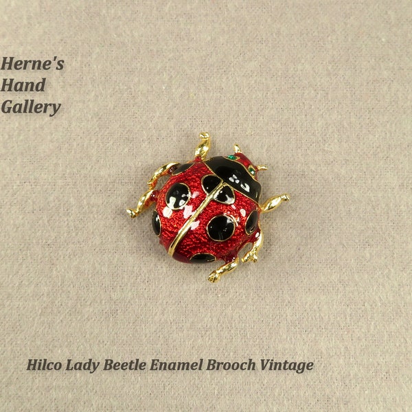 Hilco Lady Bug Red Black Enamel Brooch Green Rhinestone Eyes Pin Pendant Gold Tone Beetle Vintage Signed