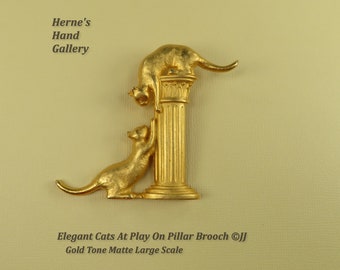 Elegant Cats At Play On Pillar Brooch Signed ©JJ Gold Tone Matte Large Scale