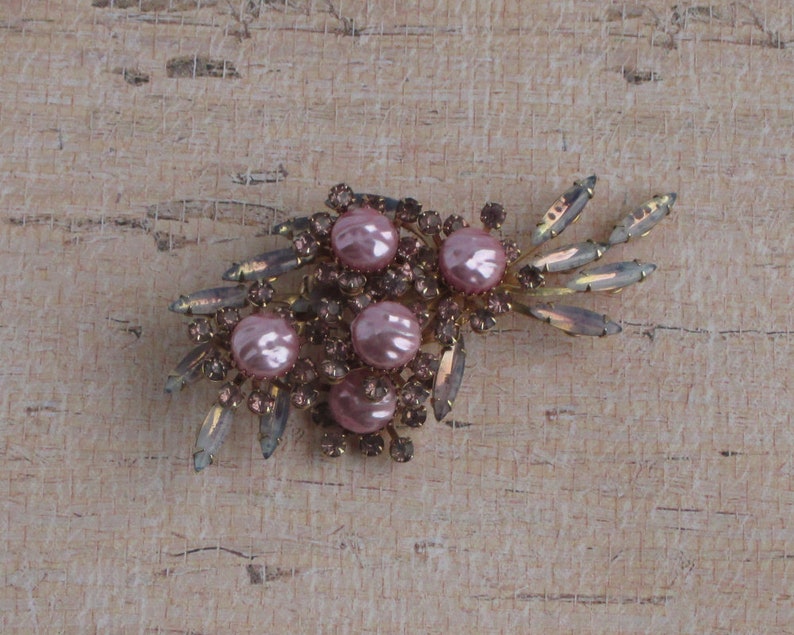 Vintage Pink Pearl Rhinestone Brooch Pearl Stones Juliana image 2