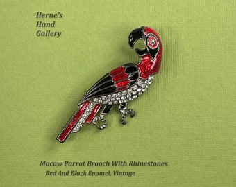 Mid Century Macaw Parrot Brooch With Rhinestones Red Black Enamel Vintage Silver Tone