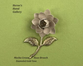 Warm Mocha Cream Rose Brooch Enamel Gold Tone Stamped Metal Vintage