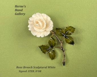 Sculptural Rose Creamy White Brooch Enamel Signed STER. D'OR Sterling Gold Plated Vintage