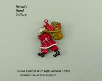 Classic Santa Loaded With Gifts Brooch Signed ART© Christmas Gold Tone Enamel