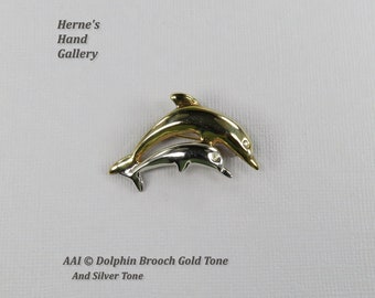 Double Dolphin Brooch Gold Tone Silver Tone Rhinestones Signed AAi ©