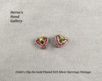 Child Toddler Clip On Earrings Gold Plated 925 Silver With Tiny Ruby Red Channel Set Rhinestones Signed Crown Vintage