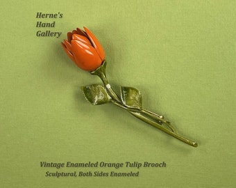 Vintage Enameled Orange Tulip Brooch Large Sculptural