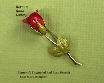 Romantic Enameled Red Rose Brooch Gold Tone Sculptural Vintage