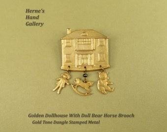 Golden Dollhouse With Doll Bear Horse Brooch Gold Tone Dangle Stamped Metal