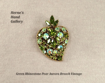 Vintage Rhinestone Pear Brooch Green Blue Aurora Gold Tone Bronze