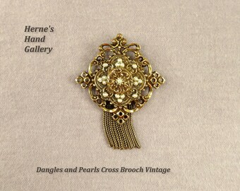Vintage Cross Emblem Pearl Brooch Faux Seed Pearls Gold Tone Bronze