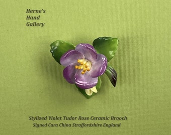 Tudor Rose Violet Ceramic Brooch Elegant Stylized Signed Cara Staffordshire Made In England Flower Mid Century Porcelain