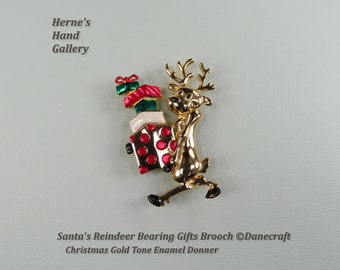 Smiling Santa's Reindeer Bearing Gifts Brooch ©Danecraft Christmas Gold Tone Enamel Signed