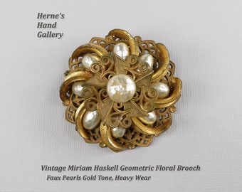 Vintage Miriam Haskell Geometric Floral Brooch Classic Brass Faux Pearls Signed Well Worn