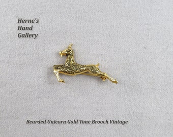 Leaping Unicorn Gold Tone Brooch with Intricate Design Goat Vintage