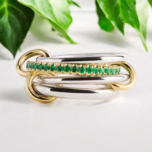 Green Emerald Interlocking Ring | Emerald Eternity Band | Two Tone Gold Statement Ring | Unique Twisted Wedding Band | Stackable Ring