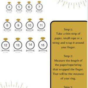 Puede incluir: Una tabla de tallas de anillos con el logotipo de Amara Jewelry Shop, iconos de anillos numerados del 4 al 15 con medidas en mil&iacute;metros y un cuadro de texto dorado que detalla tres pasos para medir el dedo con papel, cuerda o cordel.