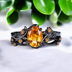 Citrine Gothic Ring Set, Oval Yellow Gemstone Engagement Ring, Black Gold Bridal Set, November Birthstone Ring, Vintage Leaf Ring