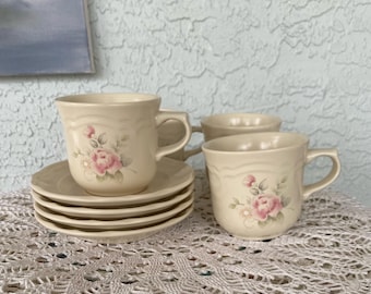 Set of Four Vintage Pfaltzgraff Tea Rose Coffee Mugs Tea Cups and Saucers | Cottagecore Floral Stoneware